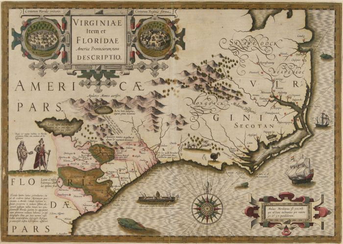 MERCATOR, Gerard / Hondius, J. Virginiae Item et Fl: MERCATOR, Gerard / Hondius, J. Virginiae Item et Floridae Americae Provinciarum, novo Descripto, Double-page hand colored engraved map, Amsterdam, after 1609, with text on verso. Sheet size: 17 3/8 x