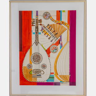 Viktor Schreckengost (American, 1906-2008): Viktor Schreckengost (American, 1906-2008) Moroccan Lute, Watercolor, Signed lower right. Framed dimensions: H: 48 1/2 x W: 39 in. H: 39 W: 29 in. Proceeds to benefit Art Therapy Studio,