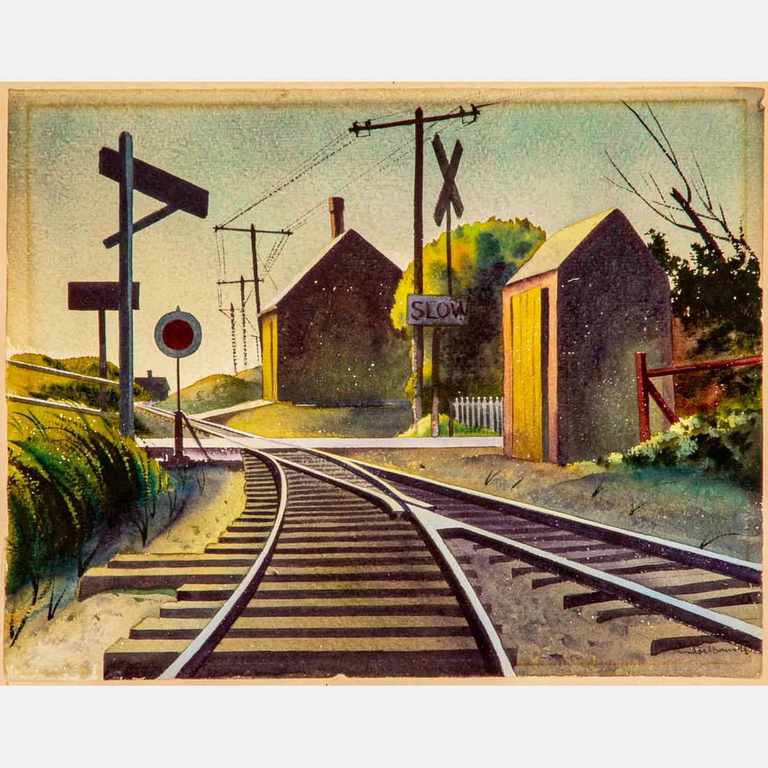 Sandor Bernath (Hungarian/American,1892-1984): Sandor Bernath (Hungarian/American,1892-1984) Standing on the Railroad Tracks, Watercolor on paper, Signed lower right. Framed dimensions: H: 23 x W: 26 in. H: 14 W: 18 in. The absence of a condition