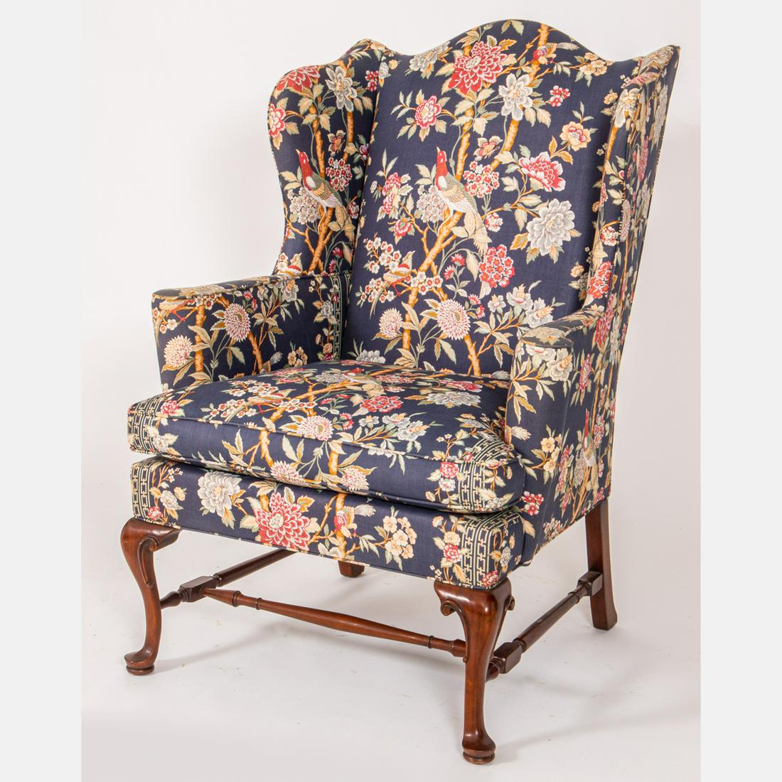 Queen Anne Style Mahogany Upholstered Wing Armchair (1 of 6)