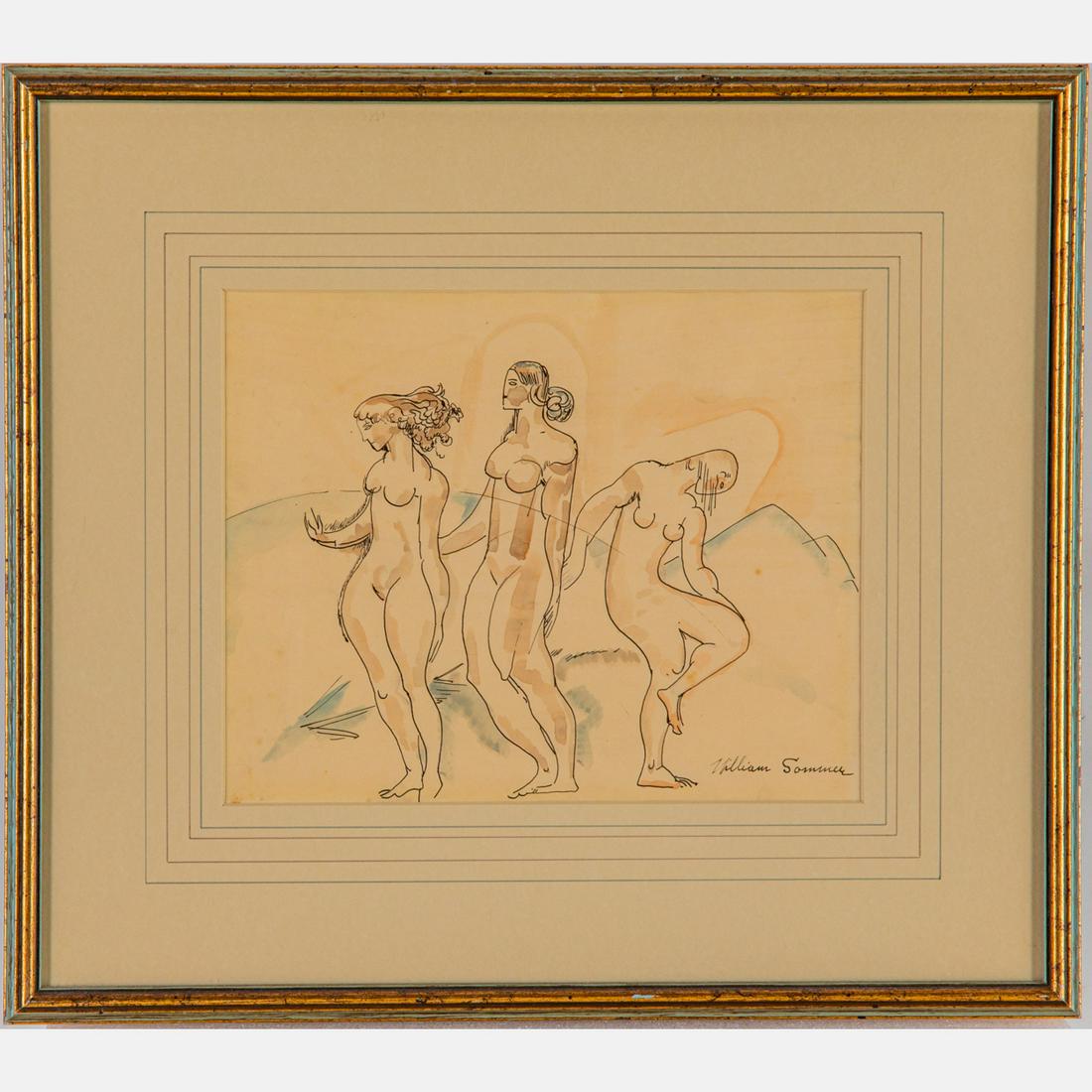 William Sommer (American, 1867-1949): William Sommer (American, 1867-1949) Three Nudes in a Landscape, Watercolor and ink, Signed lower right. Framed dimensions: H: 14 7//8 x W: 16 3/4 in. The absence of a condition statement does not imp
