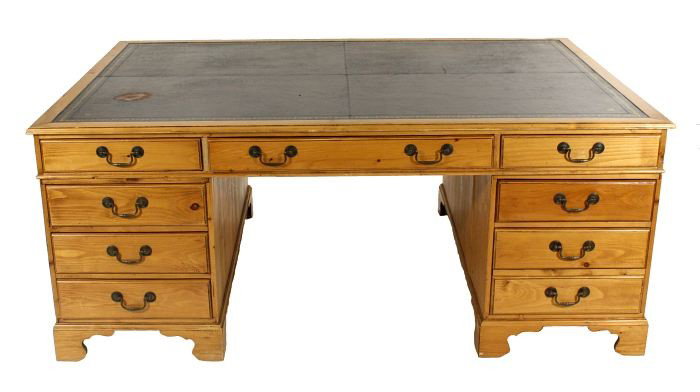 A Georgian Style Pine and Leather Partners Desk, 2: A Georgian Style Pine and Leather Partners Desk, 20th Century. h: 30 x w: 73 x d: 49.50 in.