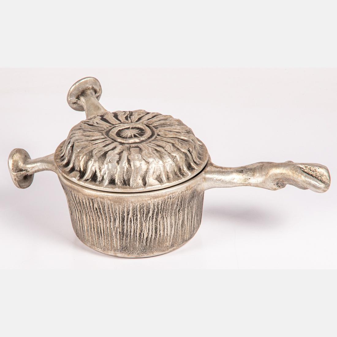 Donald (Don) Drumm (American, b. 1935): Donald (Don) Drumm (American, b. 1935) Two Handled Lidded Pot, Cast aluminum, Signed on bottom of pot. H: 4 3/4 W: 14 D: 6 3/8 in. The absence of a condition statement does not imply that the lot is i