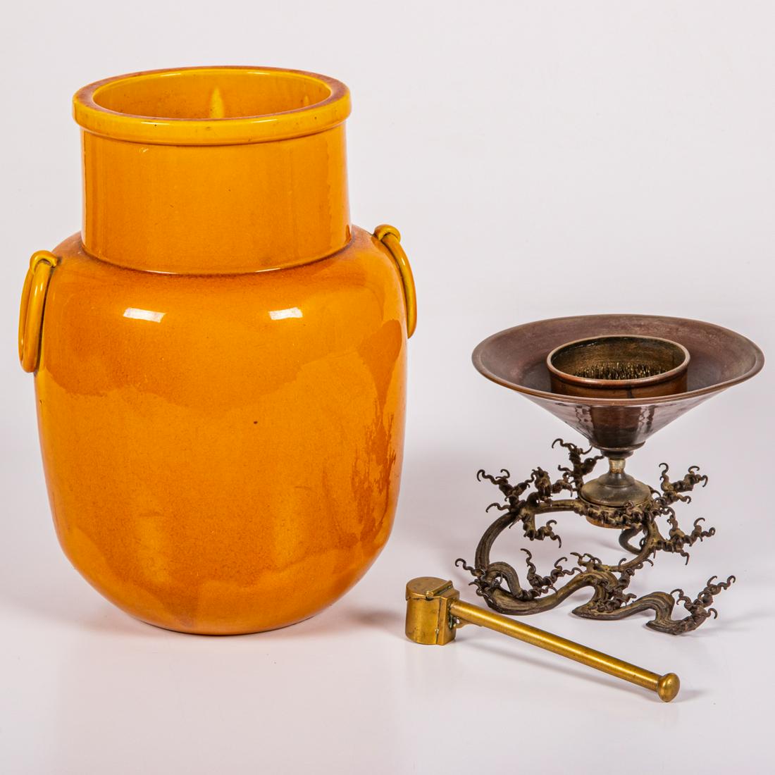 Three Japanese Decorative Objects: Three Japanese Decorative Objects, 20th Century, Comprising a bronze Japanese Ikebana vase, a large Japanese porcelain vase and a Japanese bronze Yatate. Porcelain Vase dimensions: H:12 1/2 x Dia: 8 1