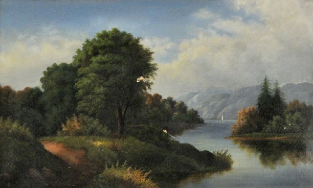 Hudson River School (19th Century) River Landscape: Hudson River School (19th Century) River Landscape, Oil on canvas. h:18.75 w:31.5 in.