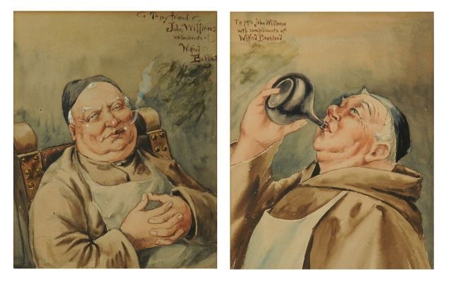 Wilfred Buckland (American 1866-1947) Two Monks: Wilfred Buckland (American 1866-1947) Two Monks, Watercolor on paper, Dedicated to John Williams upper right and upper left. h: 10 x w: 8 in.