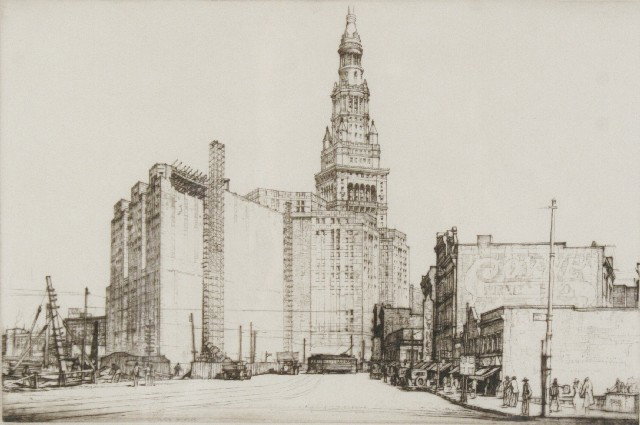 Louis Rosenberg (1890-1983): Louis Rosenberg (1890-1983) Construction of Terminal Tower, Drypoint etching, Signed in pencil lower right. h: 7.50 x w: 11.38 in.