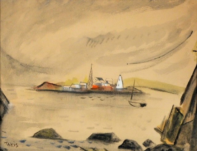 Nicholas Takis (1903-1965) Ships at Bay: Nicholas Takis (1903-1965) Ships at Bay, Watercolor, Signed lower left. h:11.25 x w:14.25 in.