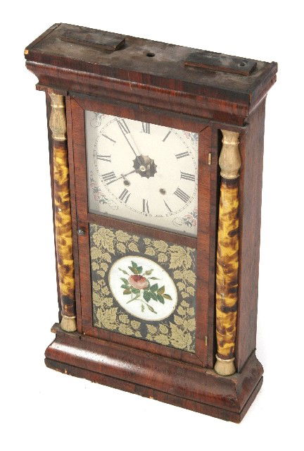 A Seth Thomas Two Deck Clock, 19th Century: A Seth Thomas Mantle Clock, 19th Century, With mahogany veneer, classical style case with reverse painted floral decoration. h: 25 x w: 15 x d: 4.50 in.