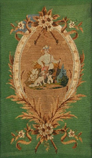 A Framed Needlepoint Depicting a Hunter with Dog: A Framed Needlepoint Depicting a Hunter with Dog, 19th Century. h: 18.50 x w: 11 in.