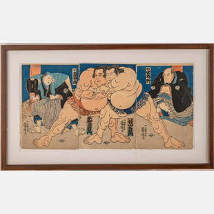 Utagawa Kunioshi (Japanese, 1797-1861): Utagawa Kunioshi (Japanese, 1797-1861) Sumo Wrestlers Shiranui-emon and Kagiyama Taniemon, ca. 1843, Vertical oban triptych, Publisher Fujiokaya Hikotaro. Framed dimensions: H: 21 1/2 x W: 36 1/2 in.