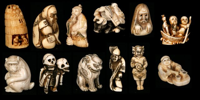 A Group of Japanese Carved Ivory Netsukes, 20th Ce: A Group of Japanese Carved Ivory Netsukes, 20th Century. h: 2 x w: 1.50 x d: 1 in.