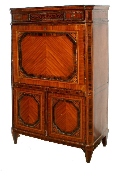 A Continental Mahogany and Satin Wood Abattant, 1: A Continental Mahogany and Satin Wood Abattant, 19th Century. h: 60.50 x w: 39 x d: 18 in.