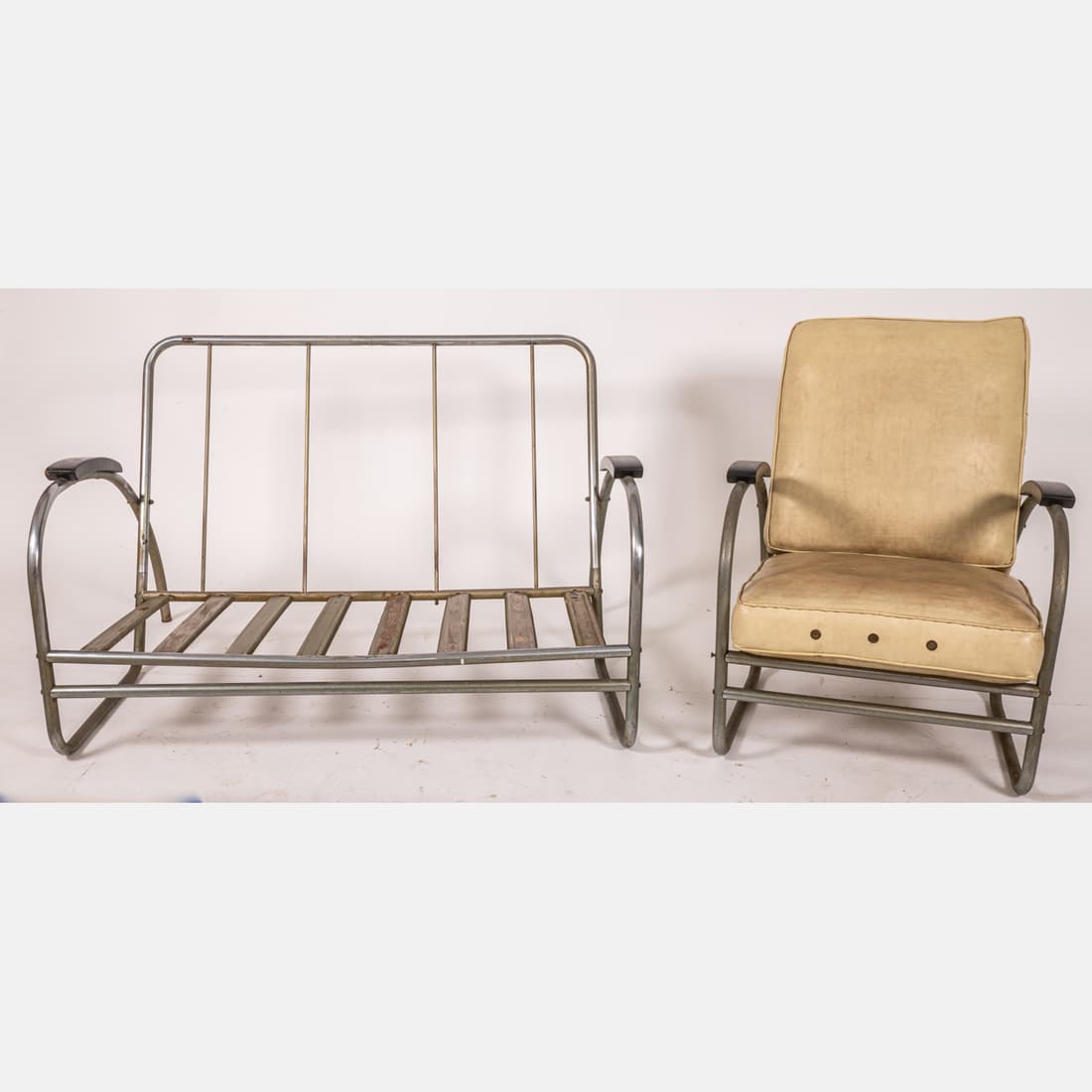 Wolfgang Hoffmann Style Deco Tubular Chrome Settee and Lounge Chair: A Wolfgang Hoffmann (1900-1969) Style Deco Tubular Chrome Settee and Lounge Chair, Frames, ca. 1930's, No maker's mark. Chair dimensions: H: 30 x W: 26 x : 37 in. Settee dimensions: H: 30 x W: 47 1/2