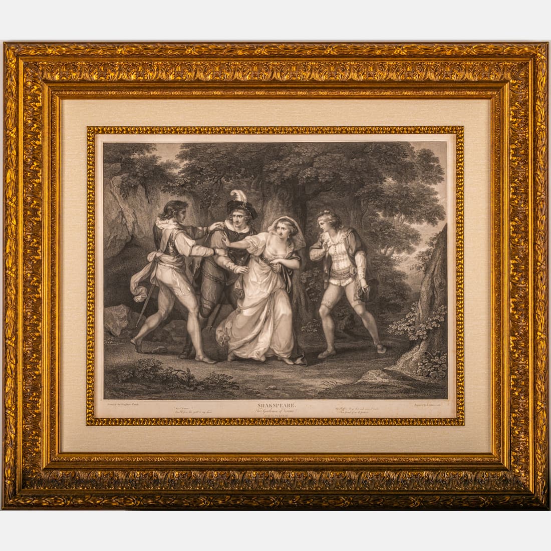 Shakespeare, Two Gentleman of Verona, Act V, Scene III,: After Angelica Kaufman (Swiss, 1741-1807) Shakespeare, Two Gentleman of Verona, Act V, Scene III, Engraving by Luigi Schiavonetti (1765-1810) Published by John Boydell, London. Framed dimensions: H: 3
