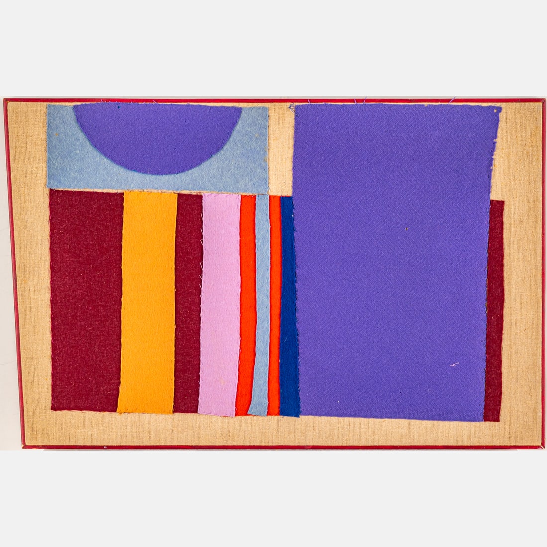 Marlene Mancini Frost (American, b. 1935): Marlene Mancini Frost (American, b. 1935) Dissonance, Fabric collage, Unsigned. Exhibition label on verso. H: 18 1/2 W: 28 1/2 in. Exhibited at the Canton Art Institute 20th Annual Fall Show, 1964/65.
