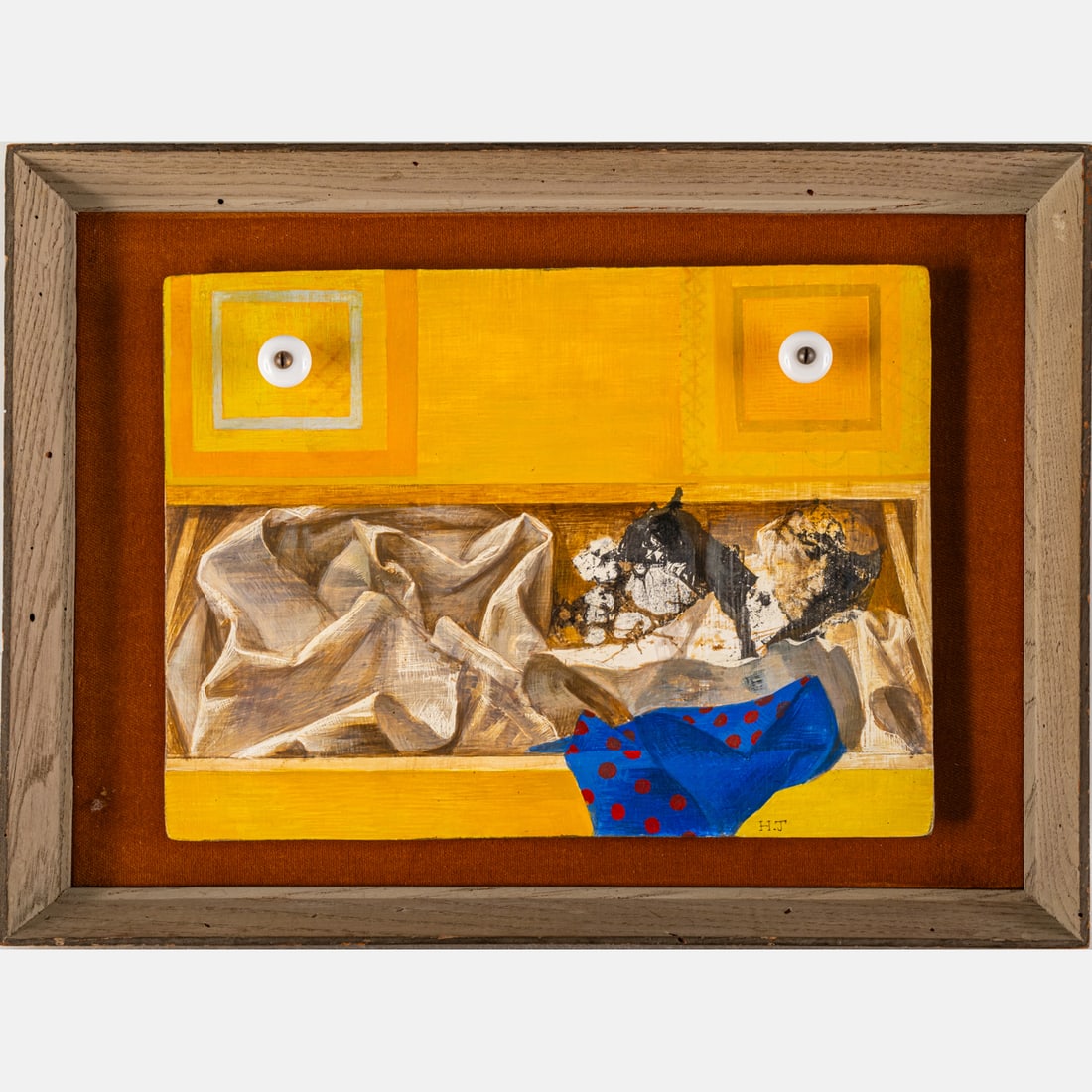 Hazel Janicki Schock (1918-1976): Hazel Janicki Schock (1918-1976) The Small Drawer, Egg tempera on panel with found objects, Initialed lower right. Framed dimensions: H: 10 1/2 x W: 15 in. H: 8 W: 10 3/4 in. From the collection of Ma