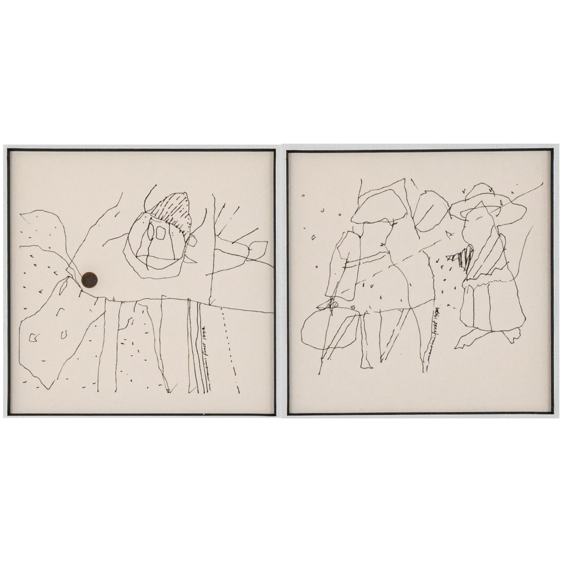 Marlene Mancini Frost (American, b. 1935): Marlene Mancini Frost (American, b. 1935) The Arrival/The Viking and the Mouse, Two ink drawings on paper, Each signed and dated 1994. Framed dimensions for each: H: 13 1/4 x W: 12 1/4 in. H: 4 W: 4 i