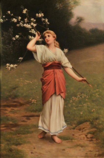 A KPM Porcelain Painted Plaque 'In Springtime',: A KPM Porcelain Painted Plaque 'In Springtime', 19th Century, Signed 'L. Scheide' lower right. Without KPM mark. h: 9.75 x w: 6.75 in.