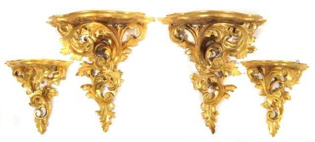 A Group of Four Venetian Gilt and Carved Wood Wal: A group of Four Venetian Gilt and Carved Wood Wall Brackets, 20th Century. Largest: h: 11 x w: 10.5 x d: 6 in. Smallest: h: 7.25 x w: 6.75 x d: 3.75 in.