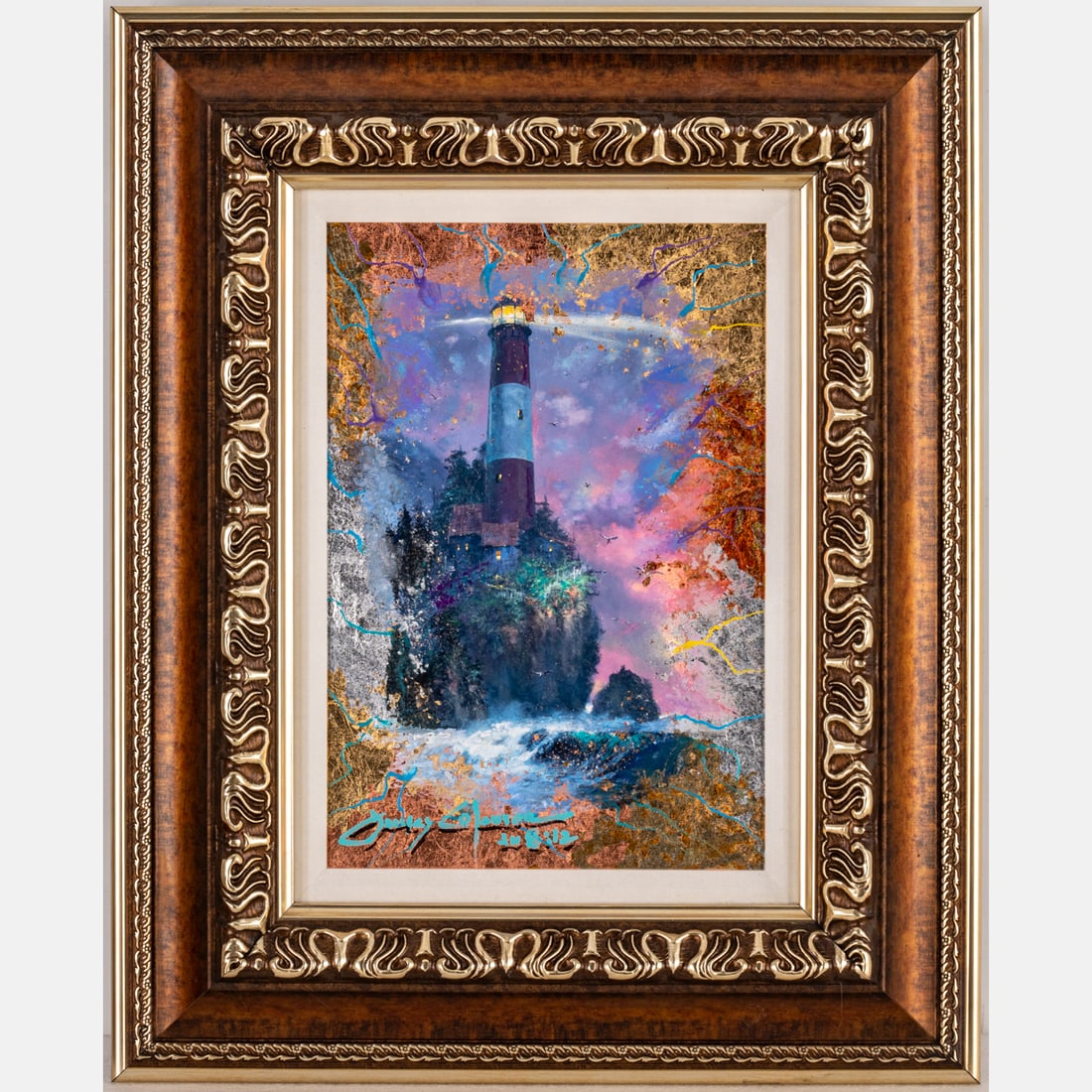 James Coleman (20th Century): James Coleman (20th Century) A Light in the Storm, Mixed media on canvas, Signed lower left. Titled and signed on verso. Framed dimensions: H: 26 1/2 x W: 21 in. H: 16 W: 11 in.