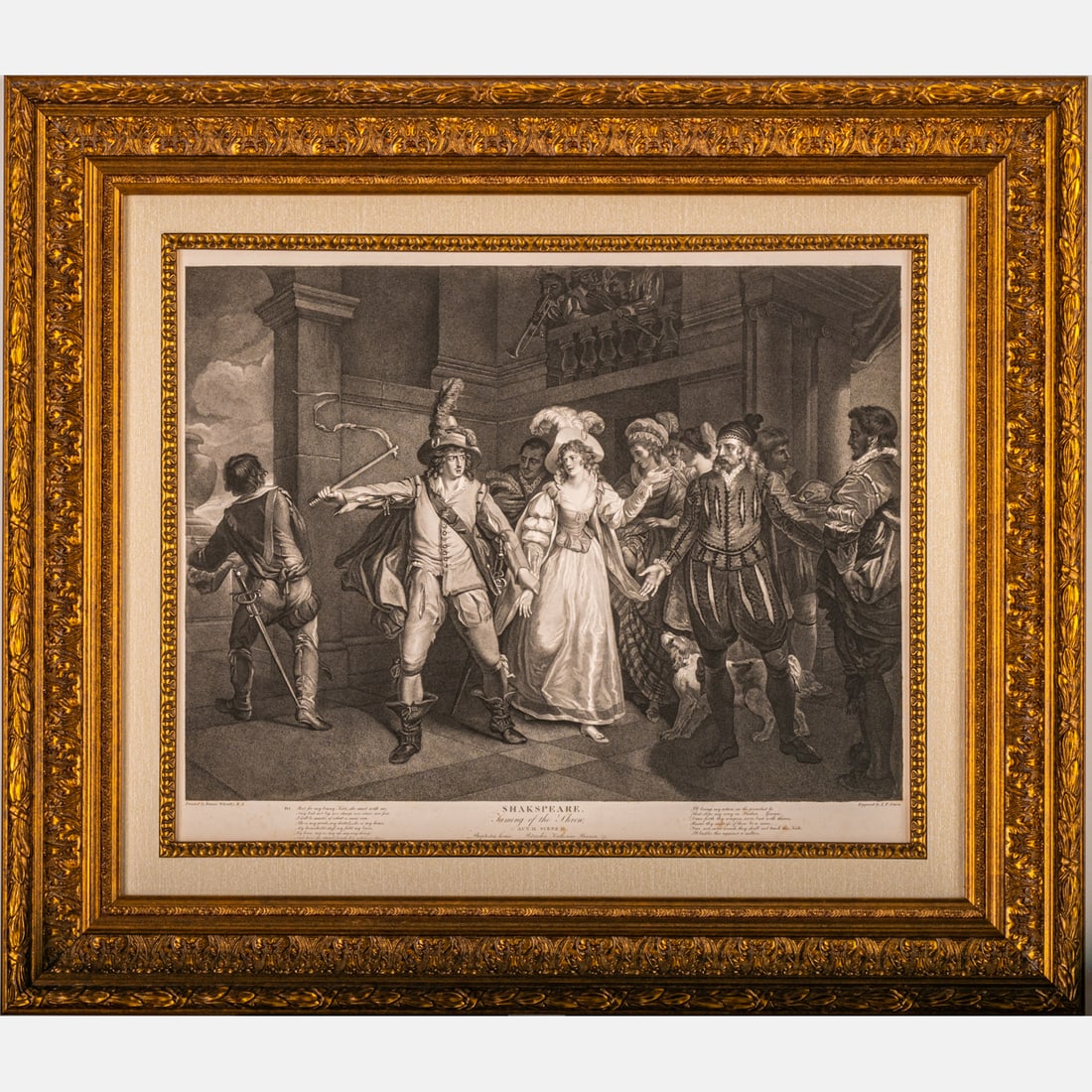 Shakespeare, Taming of the Shrew, Act II, Scene II: After Francis Wheatley, RA (British, 1747-1801) Shakespeare, Taming of the Shrew, Act II, Scene II, Engraving by Jean Pierre Simon (1750-1810) Published by John Boydell, London. Framed dimensions: H: