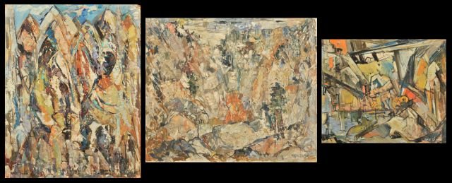 Nathan "Nate" Dunn (1896-1983) A Group of Three Abst: Nathan ""Nate"" Dunn (1896-1983) A Group of Three Abstract Works, Oil on canvas and board, Titled on verso: Canvas: Untitled, signed lower right, Board: ""Center of Interest, 1961"" signed lower right