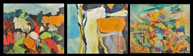 Nathan "Nate" Dunn (1896-1983) A Group of Three Abst: Nathan ""Nate"" Dunn (1896-1983) A Group of Three Abstract Landscapes, Oil on board, Titled on verso: ""Rocky Hillside, 1972"" signed lower left, ""Creation"" signed lower right. Titled illegibly on v
