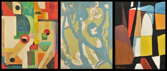 Nathan "Nate" Dunn (1896-1983) A Group of Three Abst: Nathan ""Nate"" Dunn (1896-1983) A Group of Three Abstract Works, Oil on board, Titled on verso: ""'D' and Surroundings, 1968"" signed lower left. Largest: h: 36 x w: 27.5 in.