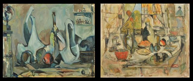 Nathan "Nate" Dunn (1896-1983) Two Abstract Still L: Nathan ""Nate"" Dunn (1896-1983) Two Abstract Still Lifes, Oil on canvas and board, Titled on verso: ""Dinner Time, 1959"" signed lower left, ""Blue Still Life, 1961"" signed lower right. Largest: h: 