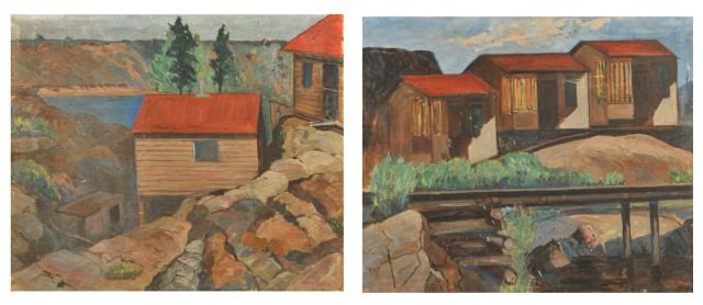 Nathan "Nate" Dunn (1896-1983) Canadian Cabins (2): Nathan ""Nate"" Dunn (1896-1983) Canadian Cabins (2), Oil on canvas, Both signed lower right and dated 1947. Largest: h: 30.5 x w: 36 in.