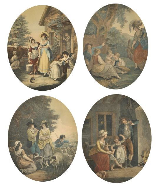 Francesco Bartolozzi (1727-1815) The Morning, Noon,: Francesco Bartolozzi (1727-1815) The Morning, Noon, Evening, Night, Four colored engravings after W. Hamilton. Height: 14 Width: 11