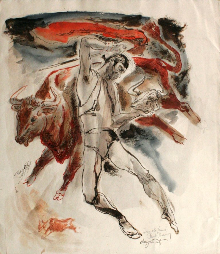 Henry Clarence Pitz (1895-1976) Man with Bull, Wat: Henry Clarence Pitz (1895-1976) Man with Bull, Watercolor and ink on paper, Signed in graphite and ink lower right. Height: 15 Width: 13.75