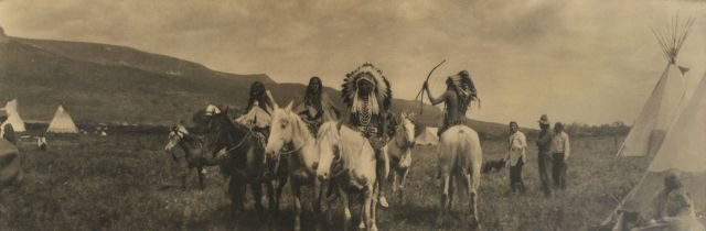 Artist Unknown (19th/20th Century) Panoramic Phot: Artist Unknown (19th/20th Century) Panoramic Photograph Depicting a Congregation of Native American Tribal Leaders on Horseback, Silver gelatin print on paper, laid down on board. Height: 11.5 Width: