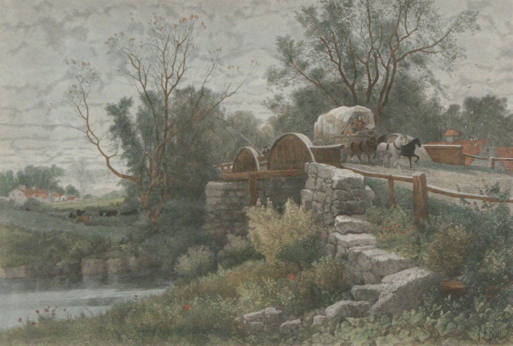 After Albert Fitch Bellows (1829-1883) The Old Mil: After Albert Fitch Bellows (1829-1883) The Old Mill Stream, Color engraving. Height: 17.38 Width: 25.75