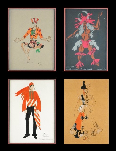 A Group of Four Framed Costume Illustrations,: A Group of Four Framed Costume Illustrations, From various American and European productions including ""Folies Bergere"". 1 signed William Weaver. Largest: h: 15 x w: 10.5 in.
