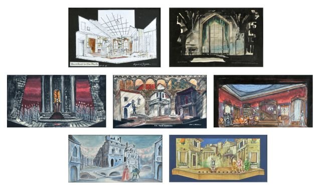 A Group of Seven Framed Stage Design Illustrations: A Group of Seven Framed Stage Design Illustrations, From various American and European Productions, including three designs signed John Chesley Iacovelli and two designs signed Byron A. Taylor. Larges