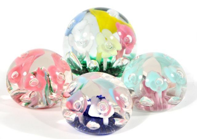 A Group of Maude and Bob St. Clair Paperweights, 2: A Group of Maude and Bob St. Clair Paperweights, 20th Century, One with maker mark Clair and three with maker mark Maude and Bob St. Clair. Largest: h: 3.5 x w: 2 in.