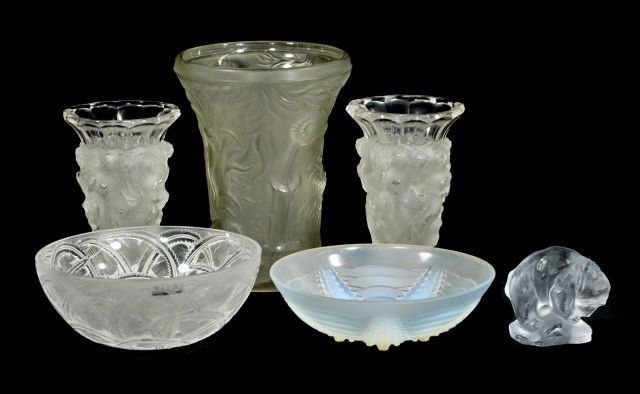 A Collection of Five Lalique Vases and Bowls, 20th: A Collection of Five Lalique Vases and Bowls, 20th Century, Together with a polar bear figurine. Tallest: h: 10.5 x w: 8 in.