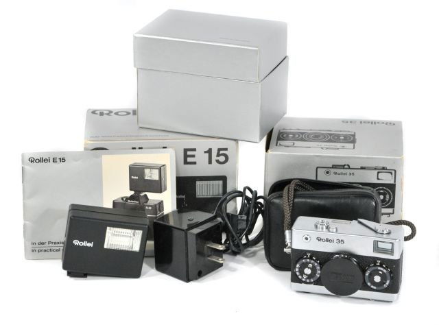 A Rollei 35 Singapore Chrome View Finder Camera, C: A Rollei 35 Singapore Chrome View Finder Camera, Circa 1971-1974, With Carl Zeiss Tessar f/3.5 40mm lens No. 3228087, a Rollei E15 flash, together with the original silver packaging and multi-language