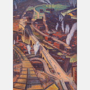 William C. Grauer (American, 1896-1985): William C. Grauer (American, 1896-1985) Industrial Cleveland, Oil on canvas, Signed lower right. Featuring the Detroit-Superior Bridge (renamed Veterans Memorial Bridge). Framed dimensions: H: