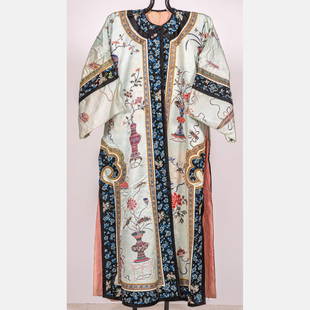 Chinese Silk Forbidden Stitch Woman's Robe: A Chinese Silk Forbidden Stitch Embroidered Woman's Robe, Qing Dynasty. L: 52 W: 50 in.