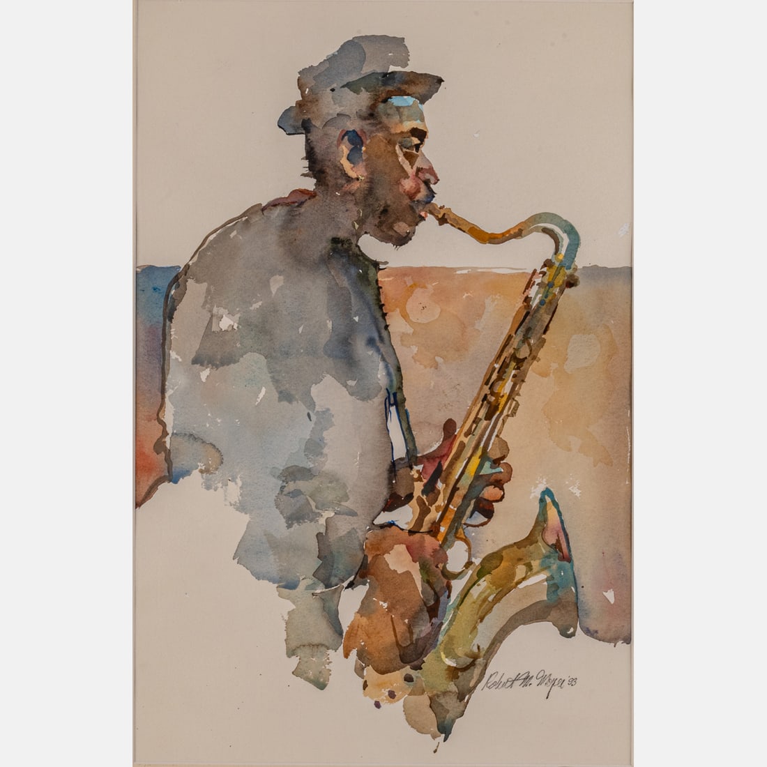 Robert M. Moyer (American, 1924-2017): Robert M. Moyer (American, 1924-2017) Saxophone Player,1993, Watercolor on board, Signed and dated '93 lower right. Cellophane wrapped, in a mat. Mat dimensions: H: 27 1/2 x W: 20 in. From the artist'