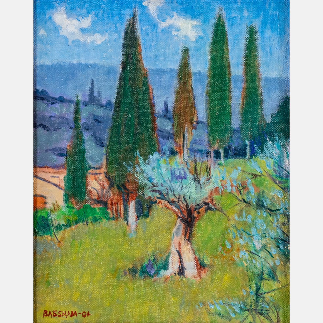 Ben Bassham (American, b. 1942): Ben Bassham (American, b. 1942) A Glimpse of Tuscany, 2004, Oil on canvas, Signed and dated '04 lower left. Framed dimensions: H: 13 1/2 x W: 11 1/2 in. H: 9 5/8 W: 7 5/8 in. From the collection of Ma