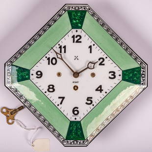 Art Deco Style German Porcelain Enamel Wall Clock: An Art Deco Style German Porcelain Enamel Wall Clock, H: 8 W: 8 in.