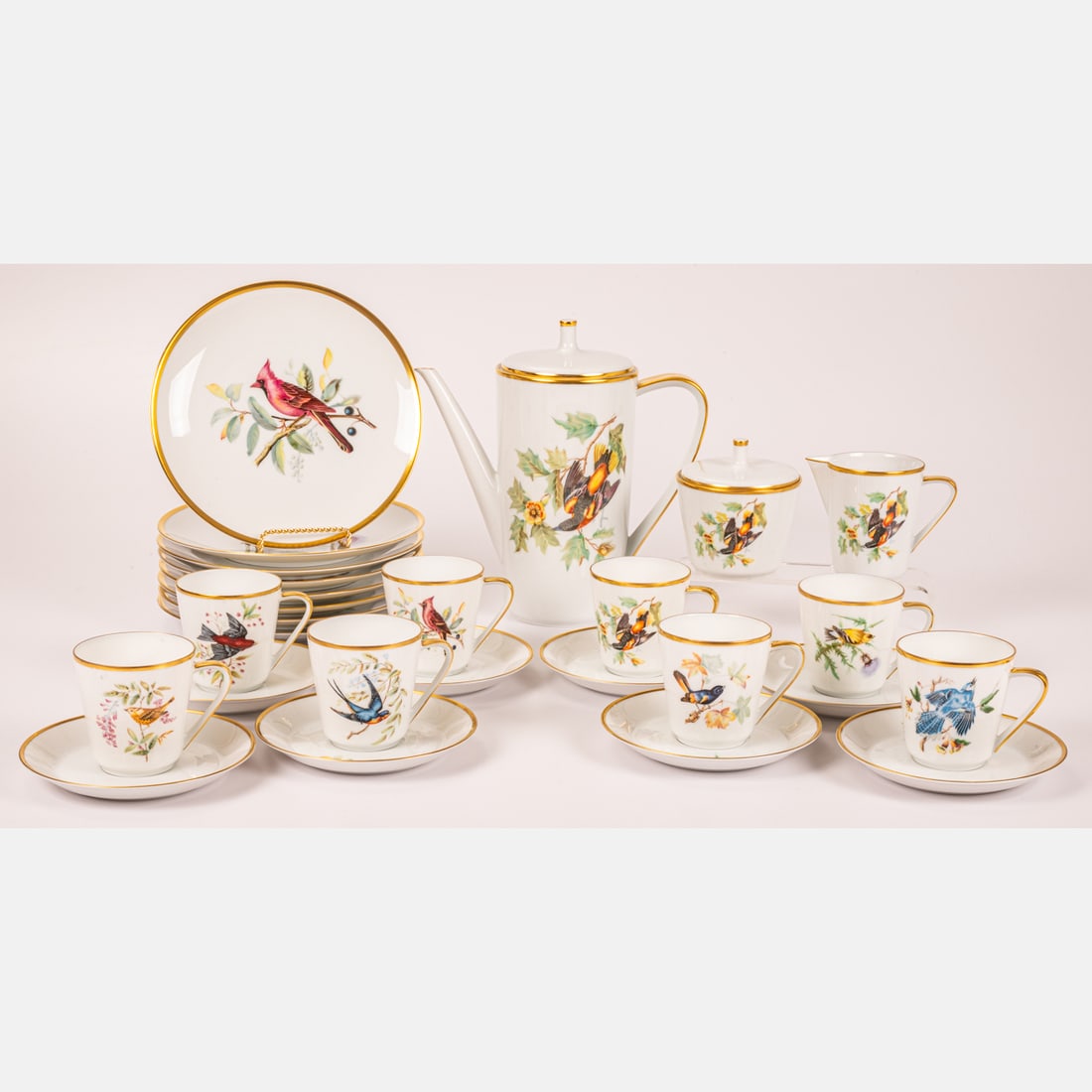 Hand-painted Lorenz Hutschenreuther Noblesse Audubon Porcelain Coffee Service: Hand-painted Lorenz Hutschenreuther Noblesse Audubon Porcelain Coffee Service for Eight, Comprising of a coffee pot, creamer, lidded sugar, eight cups and saucers, and eight plates.