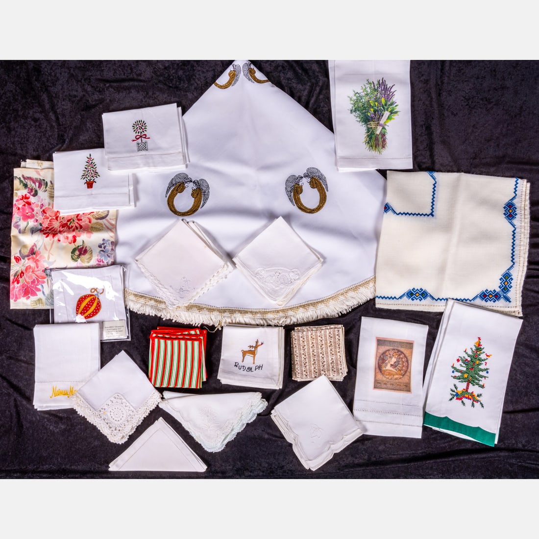A Collection of Holiday Themed Linen and Cotton Embroidered Napkins: A Collection of Holiday Themed Linen and Cotton Embroidered Napkins.
