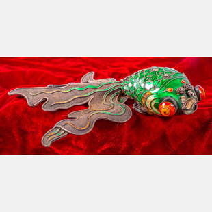 Chinese Export Enameled Silver Articulated Koi Fish: Chinese Export Enameled Silver Articulated Koi Fish, 20th Century, Together a pair of Japanese pierced bronze altar candlesticks, and an Ikebana burl wood stand marked Nippon. Candlestick