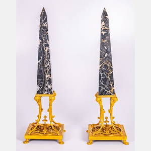 Pair of Louis XVI Ormulu and Porter Marble Obelisks