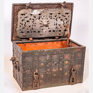 A German Painted Iron Strong Box/Armada Chest